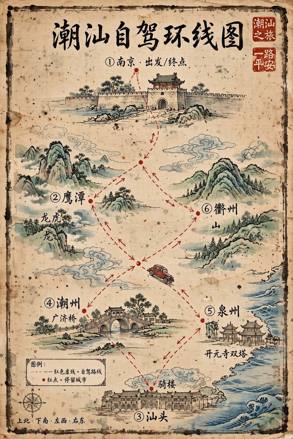 南京往返环形自驾路线手绘地图