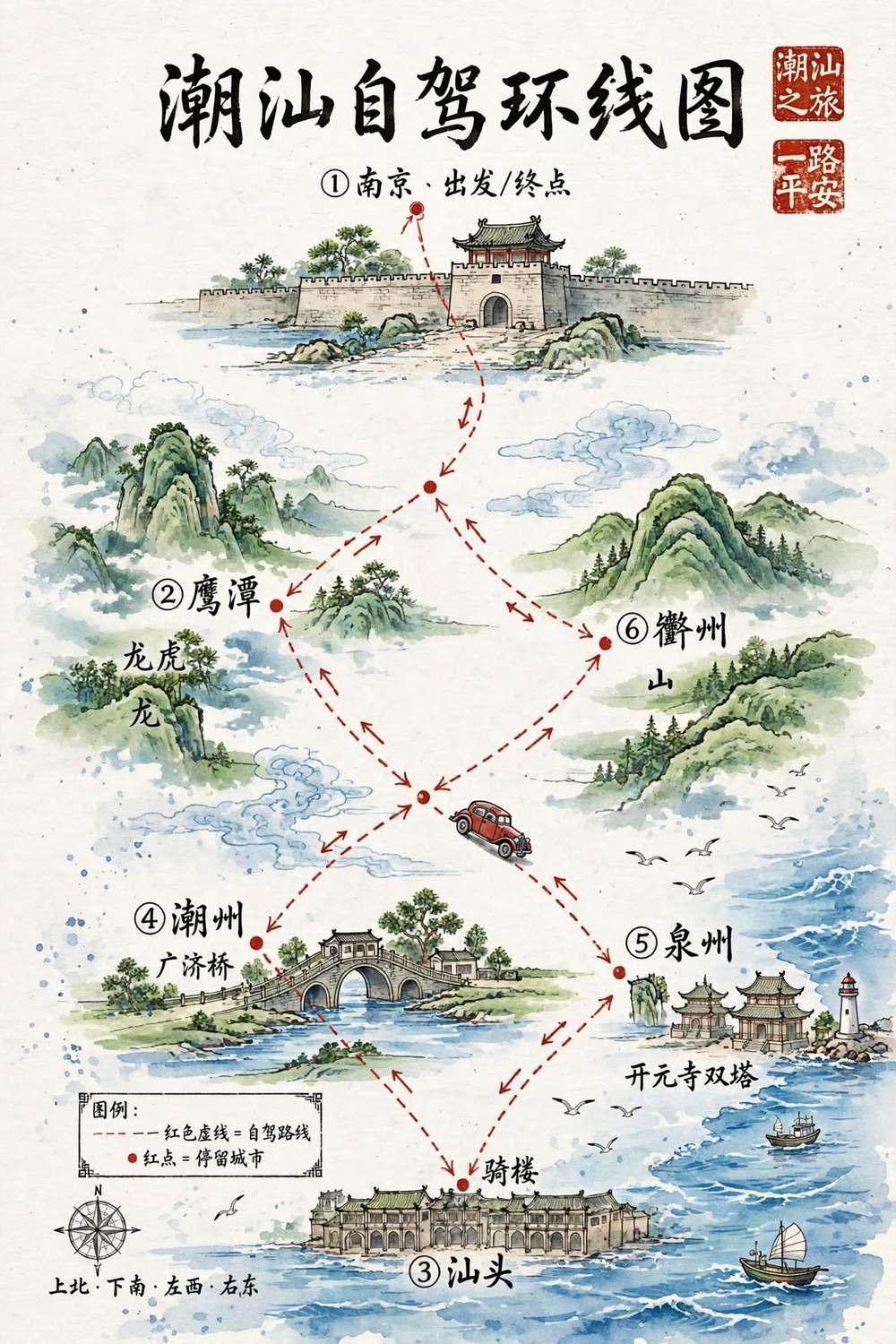 南京往返环形自驾路线手绘地图